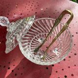 Glass sugar bowl and brass tongs