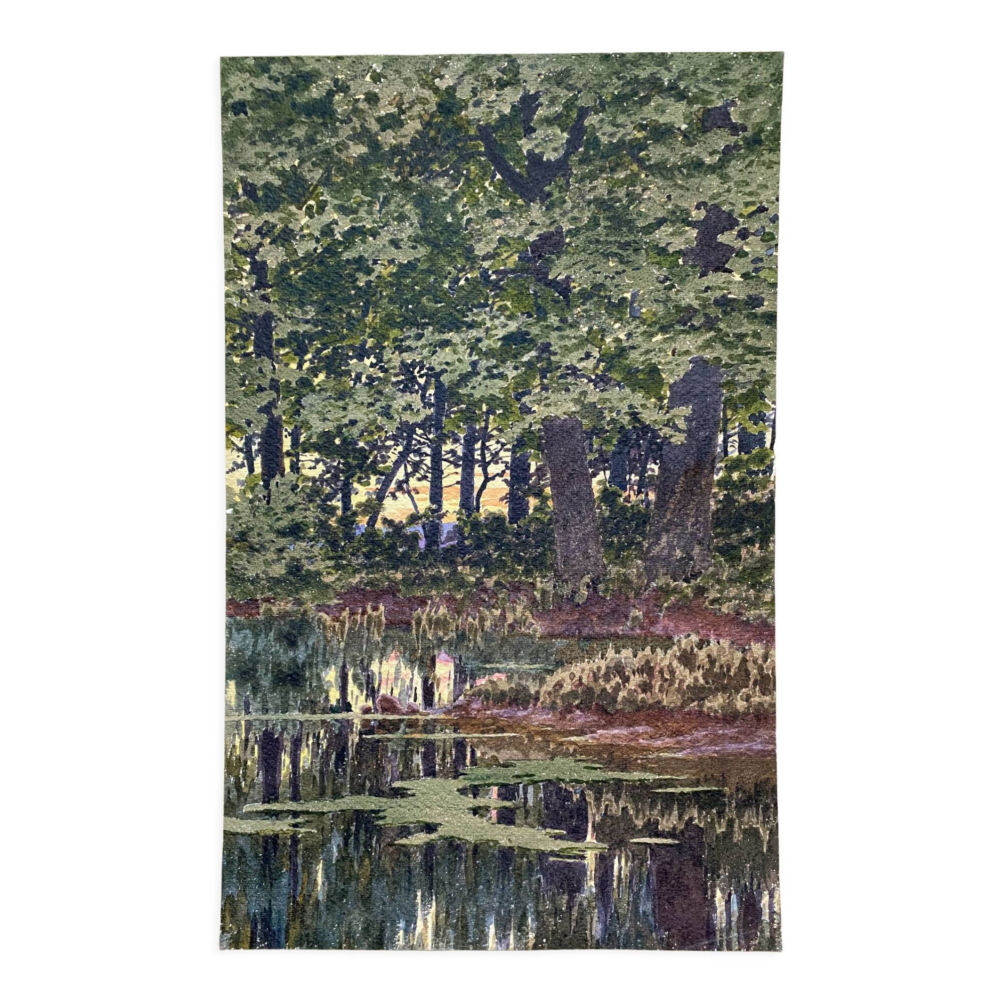 Watercolor "the pond in the undergrowth" signed early XX °