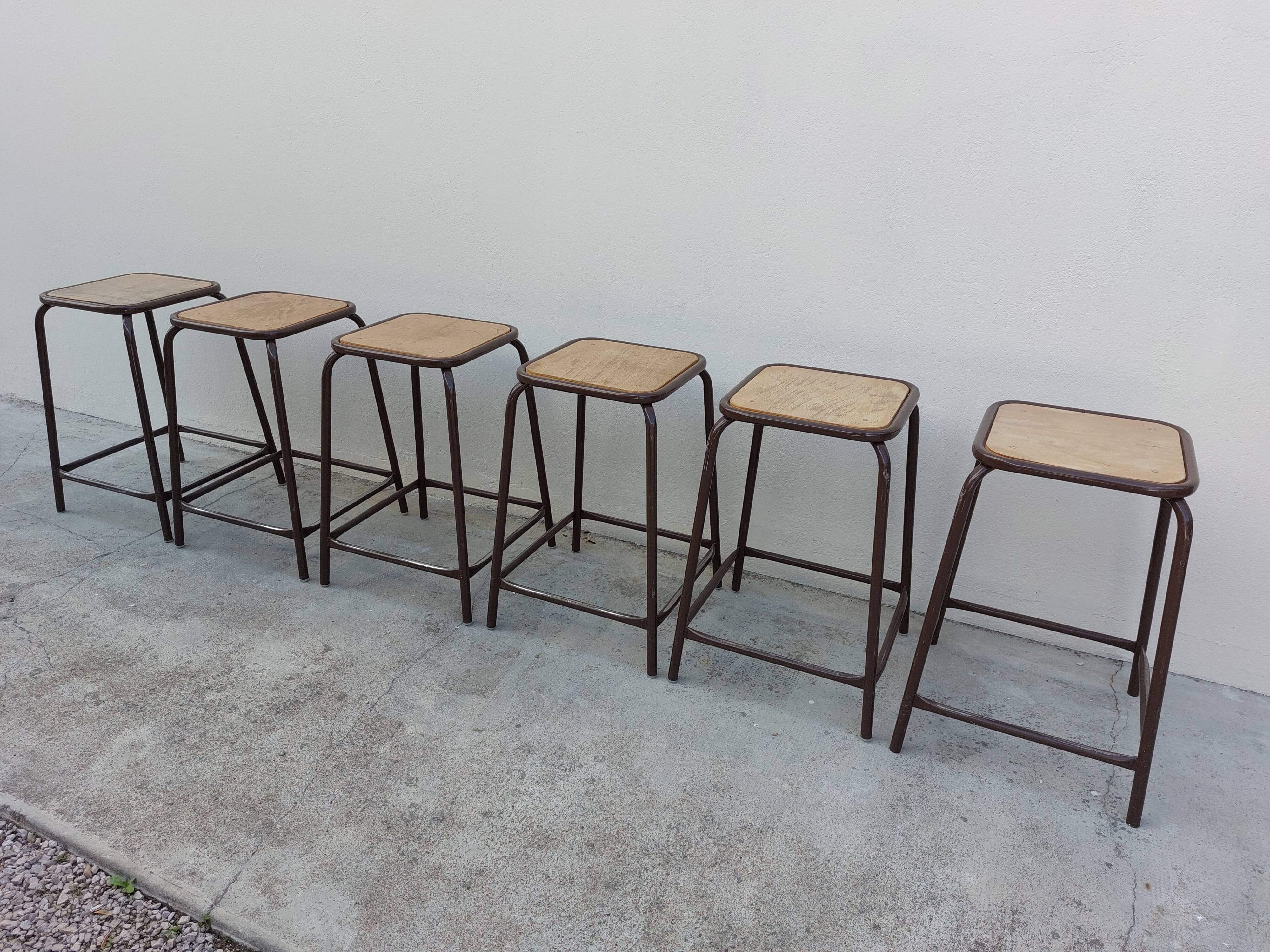 Series of 6 old workshop iron stools 1980