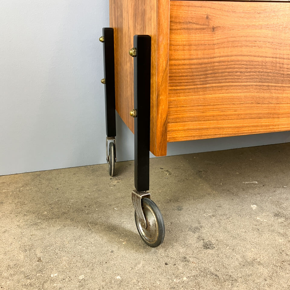 Rolling bar cabinet with interior mirrors, walnut, 60s, vintage