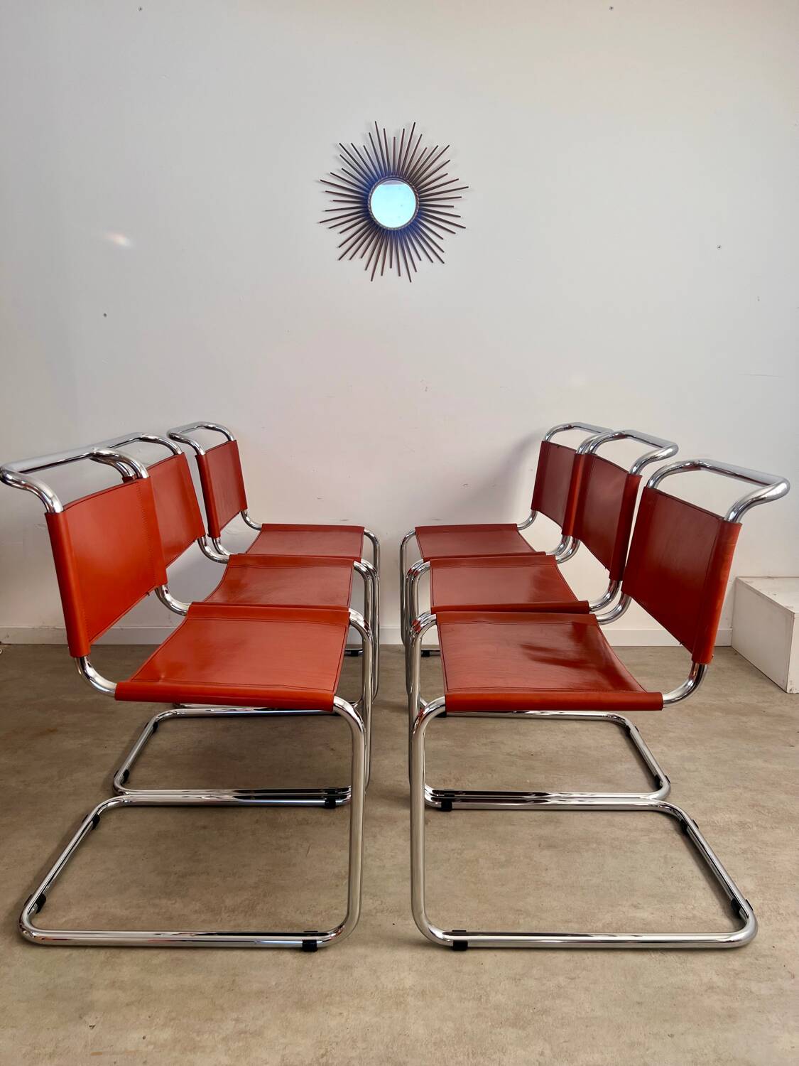 Lot 6 tubular chairs S33 design Mart Stam vintage cognac leather from the 70s