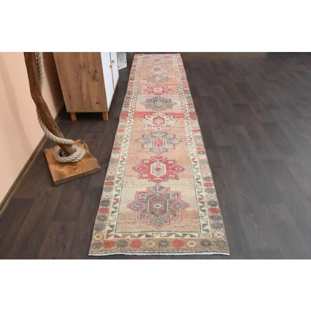 Vintage Turkish Oushak handmade wool cotton pink runner rug 79x372