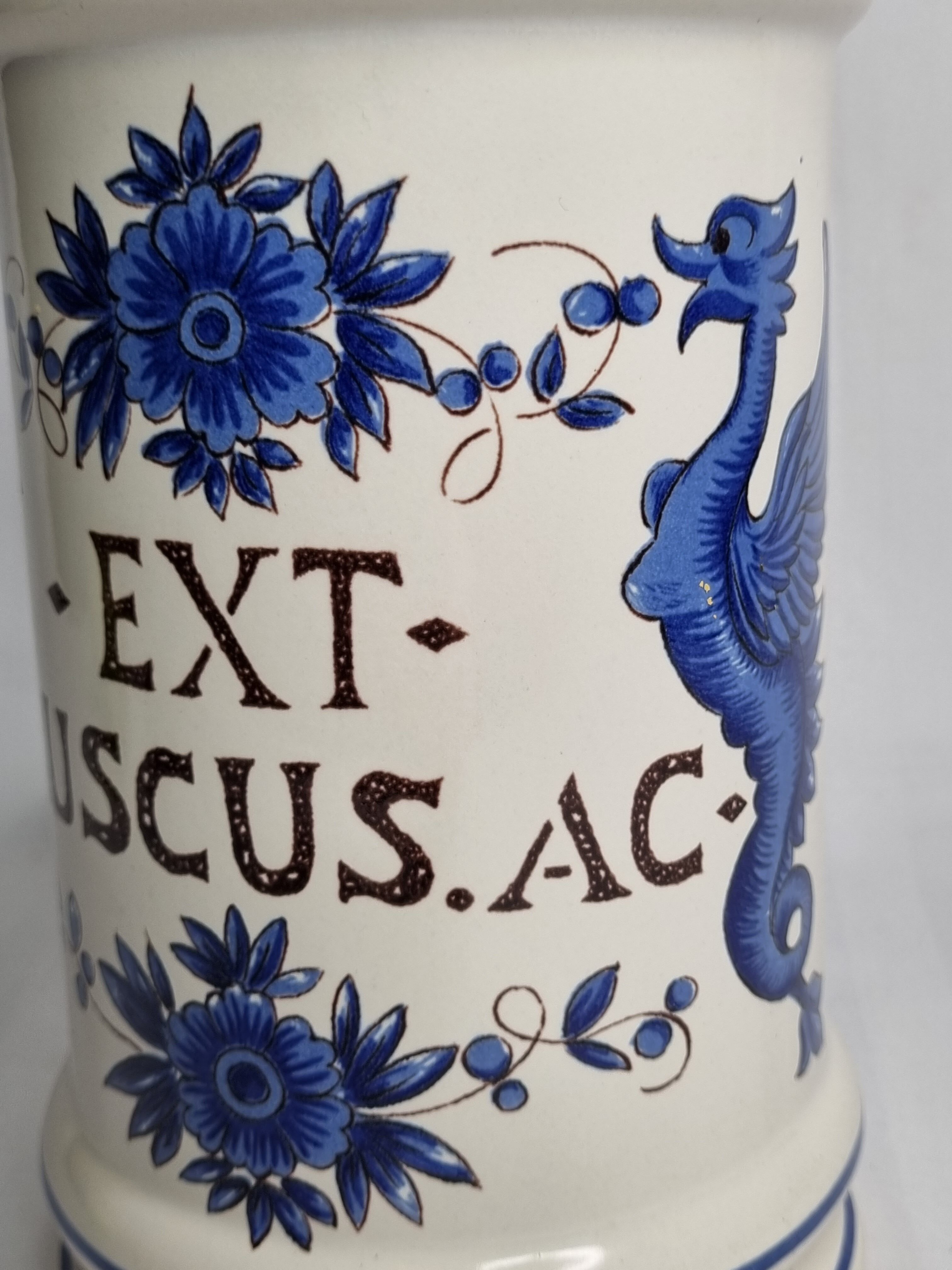 Apothecary pot "Ex. ruscus" decorated with Chimera decoration in glazed ceramic of St-Clément, 31 cm