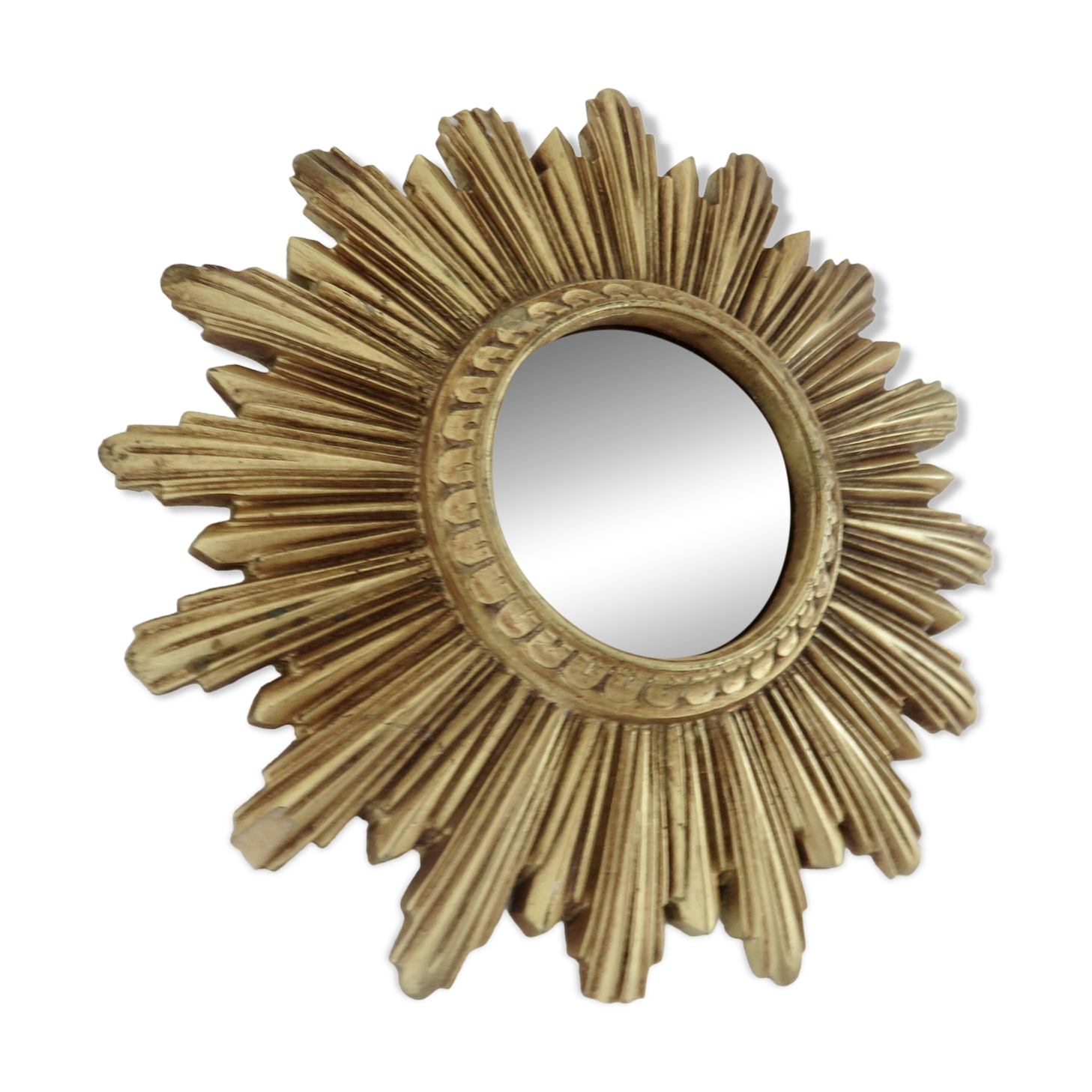 Old small golden sun mirror, witch's eye, curved, 60s-70s.