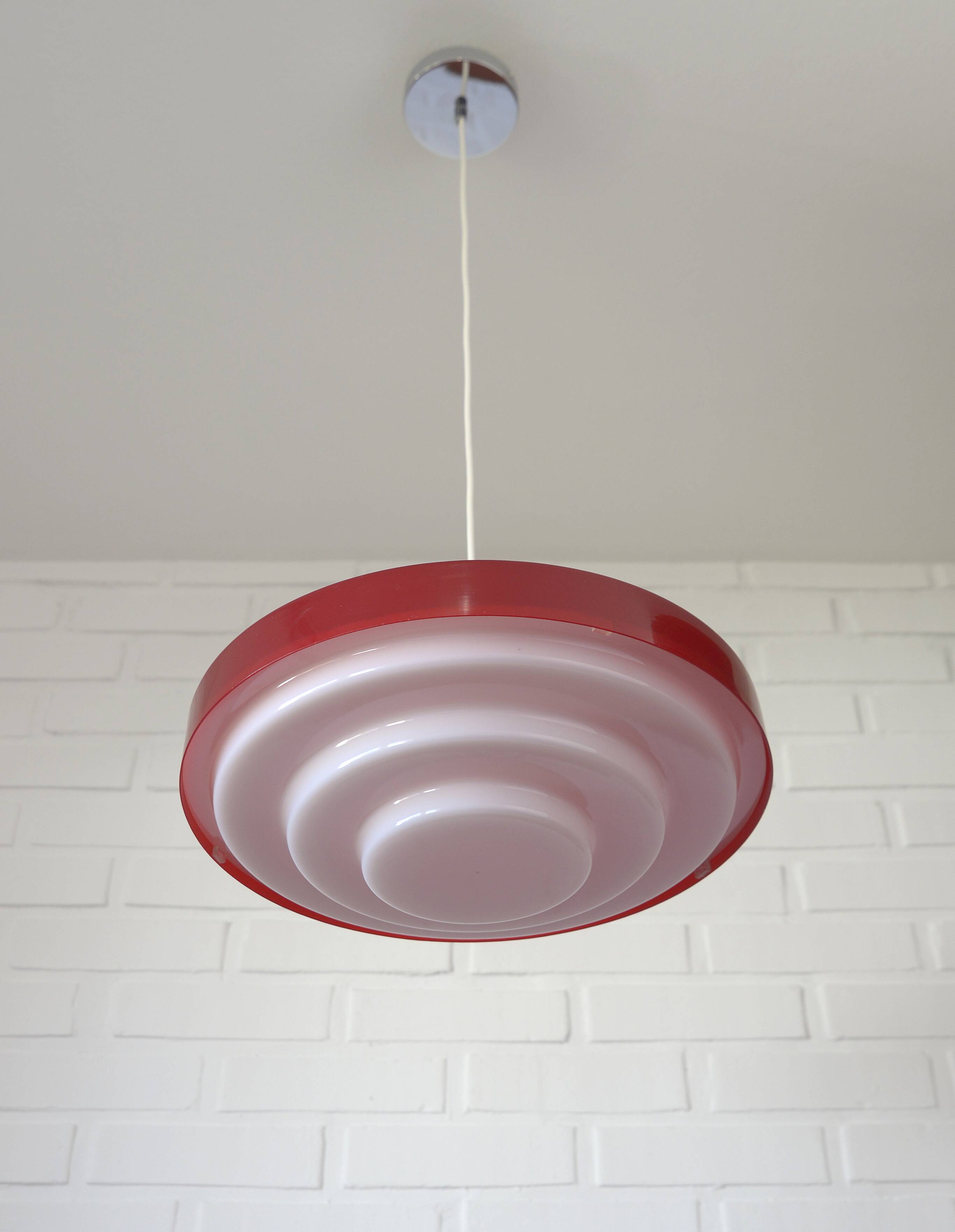 Vintage Scandinavian Design Hanging Lamp / Red Plastic Pendant Light 1970's