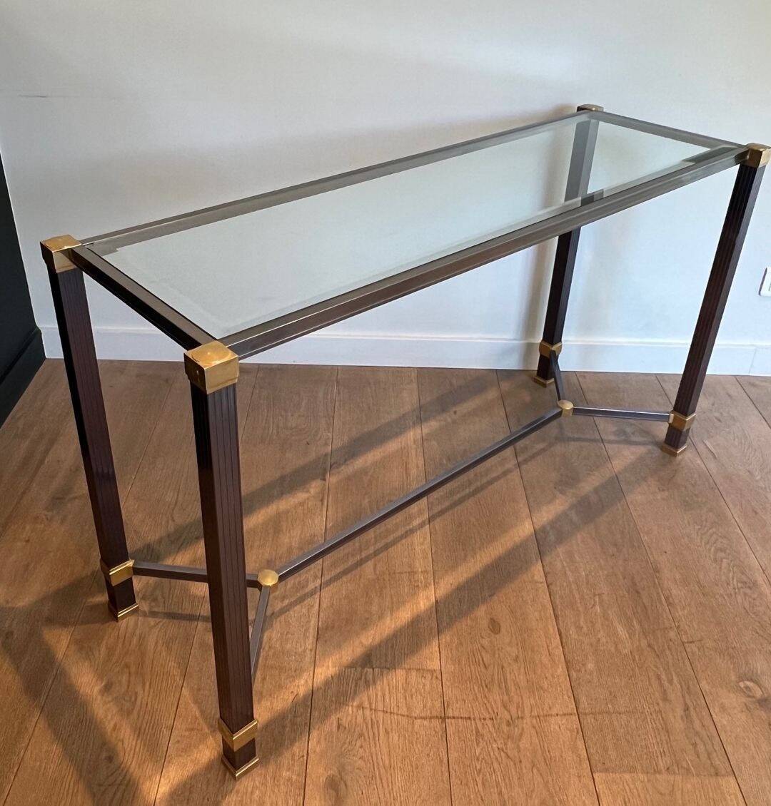 Glass Top Console in Lacquered Aluminium and Gold Metal, Pierre Vandel,