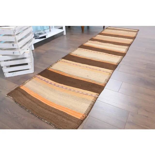 Vintage Turkish Oushak handmade wool cotton beige kilim runner rug 79x303