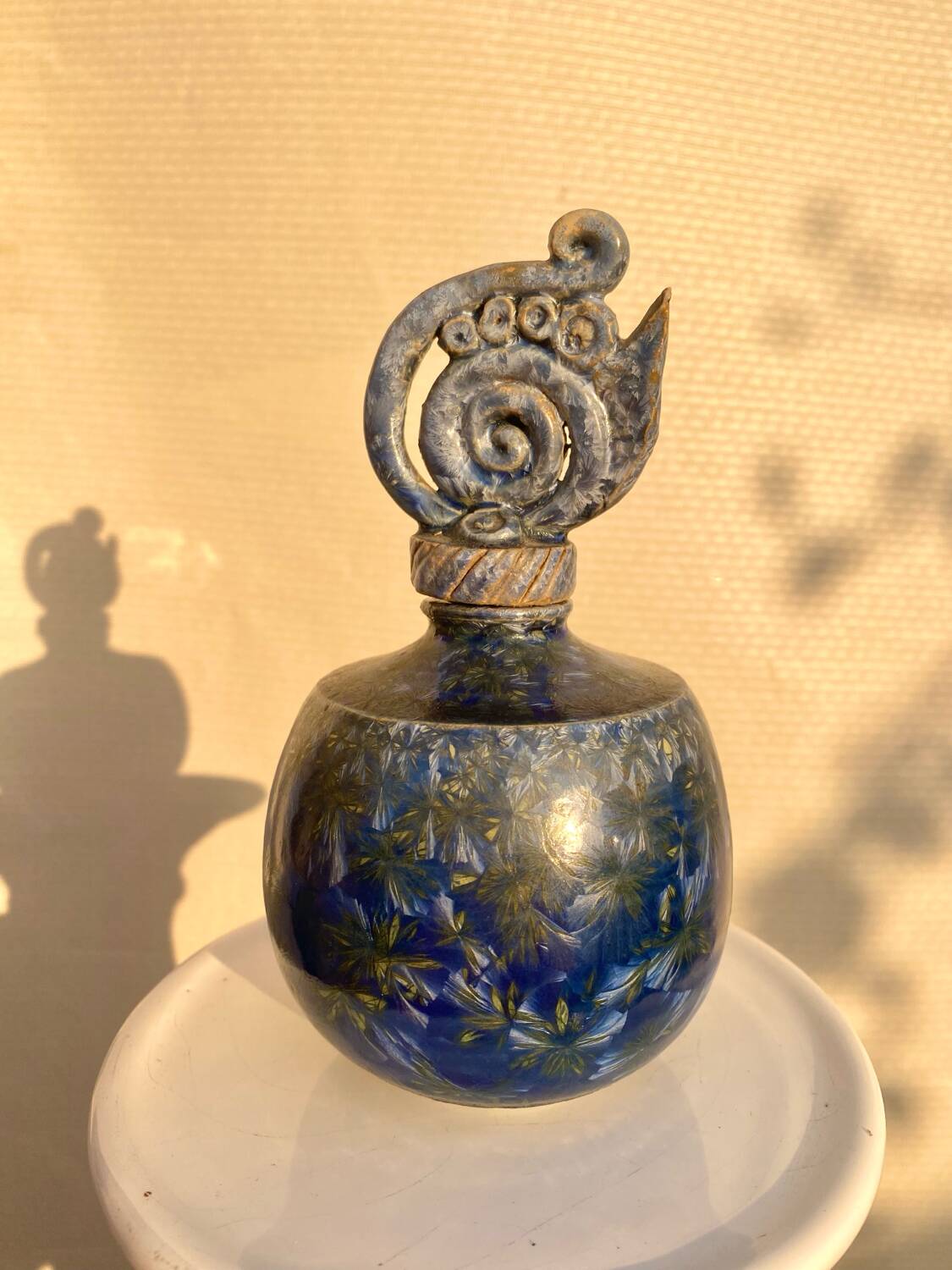 Glazed stoneware bottle with crystallised glaze signed Francoise Roussel.