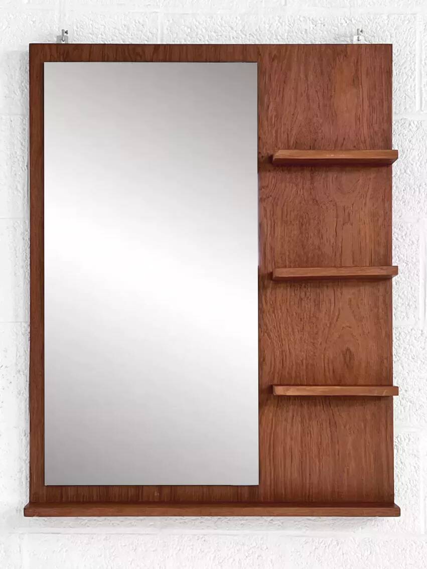 Scandinavian wooden mirror with integrated shelves