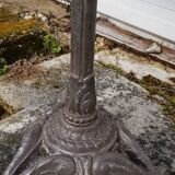 Wooden tray bistro table with old cast iron base