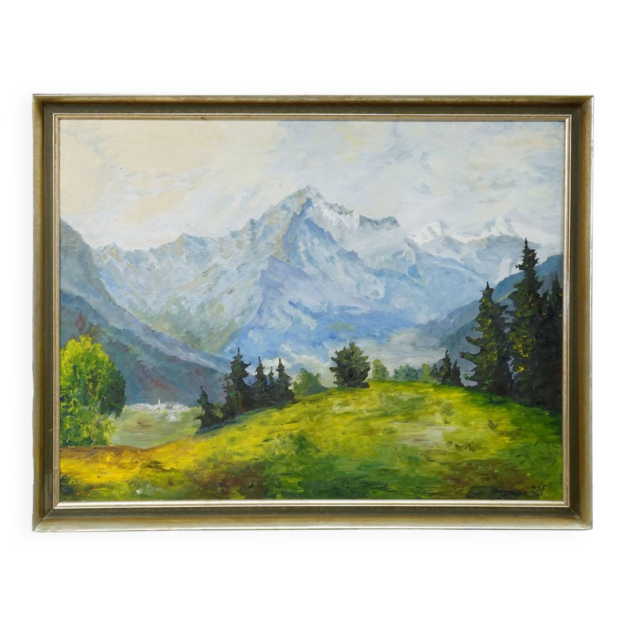 Alpine landscape painting with meadow, trees, and mountains.