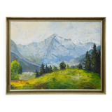 Alpine landscape painting with meadow, trees, and mountains.