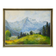 Alpine landscape painting with meadow, trees, and mountains.