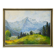 Alpine landscape painting with meadow, trees, and mountains.