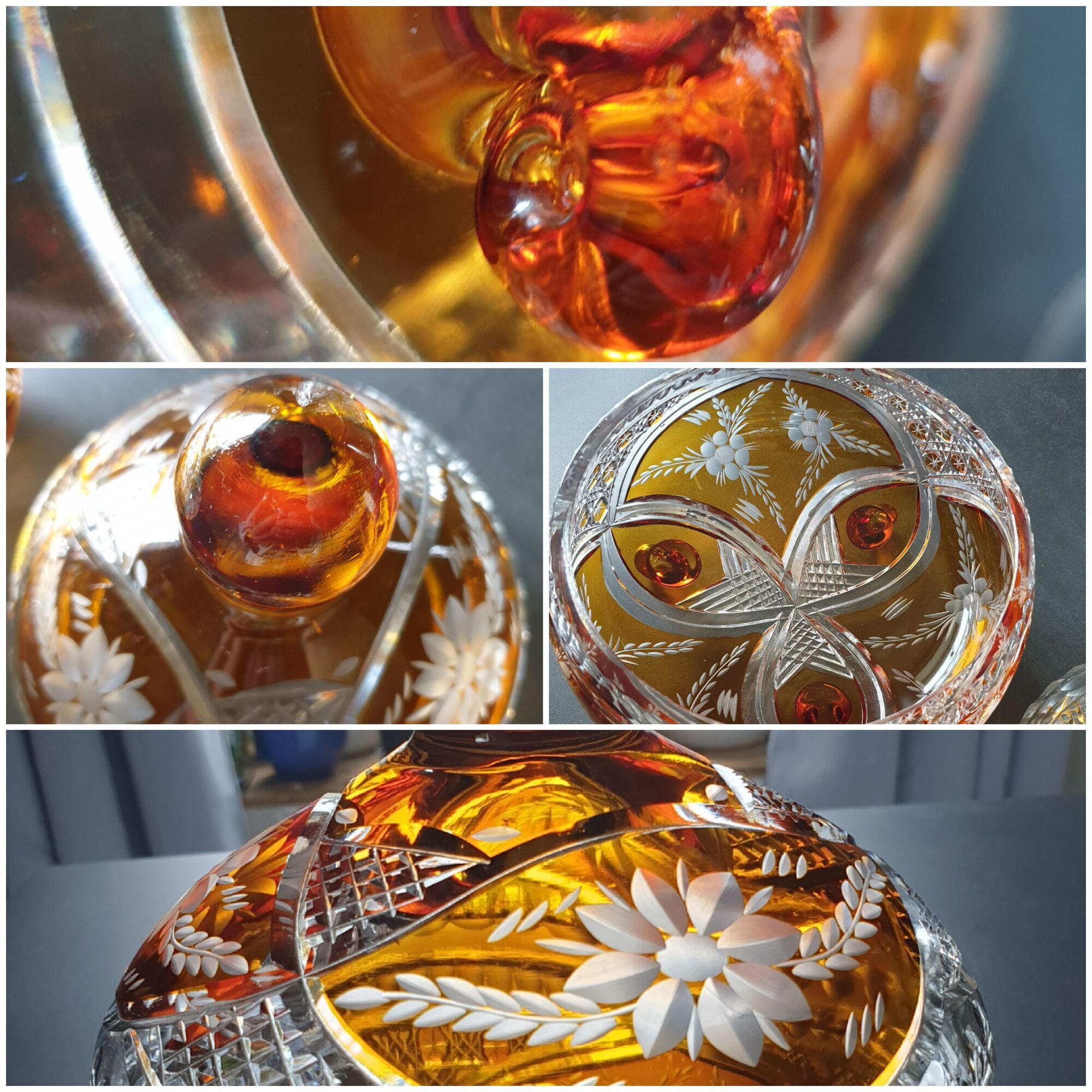 Old bohemian crystal candy, amber overlay