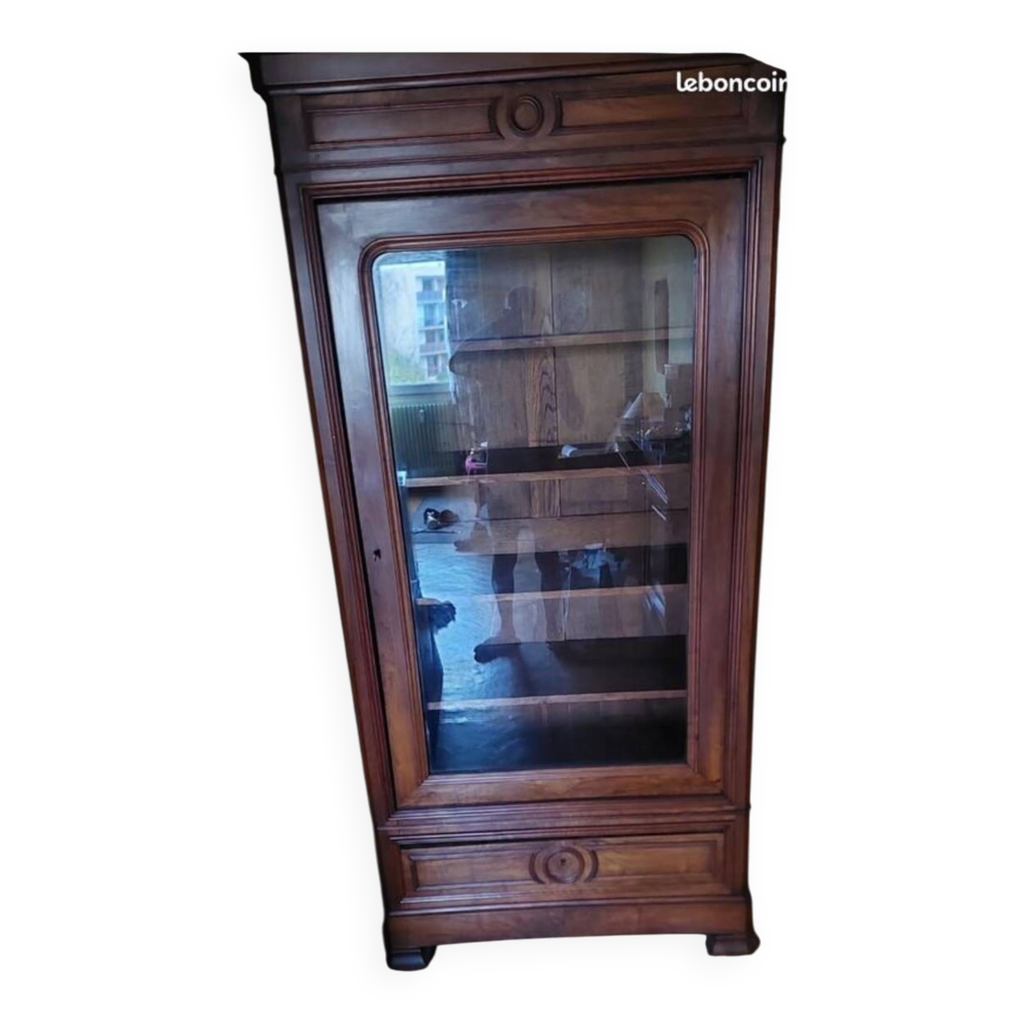 Walnut display cabinet with drawer