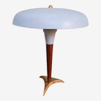 Lampe de bureau années 50, en aluminium laqué bleu ciel, teck et laiton