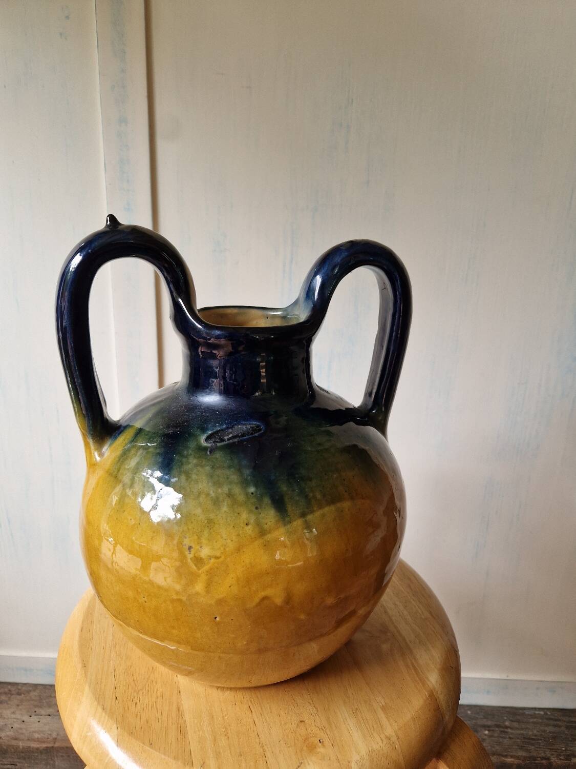 Pottery, jar, old jug in yellow and green glazed terracotta