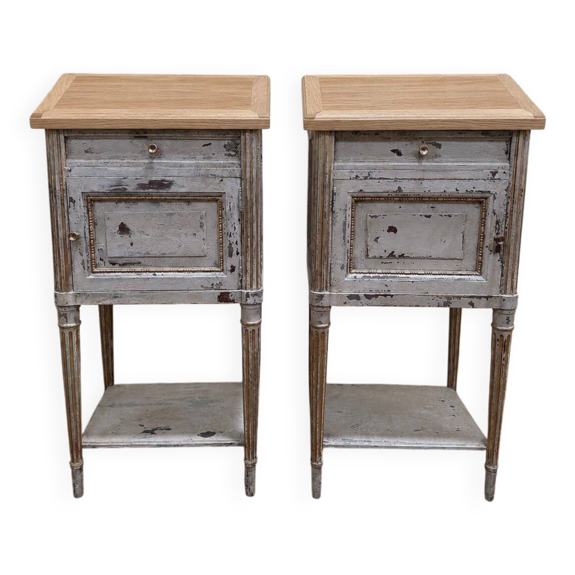 Pair of bedside tables – Louis XVI style – Painted wood, oak, brass, po