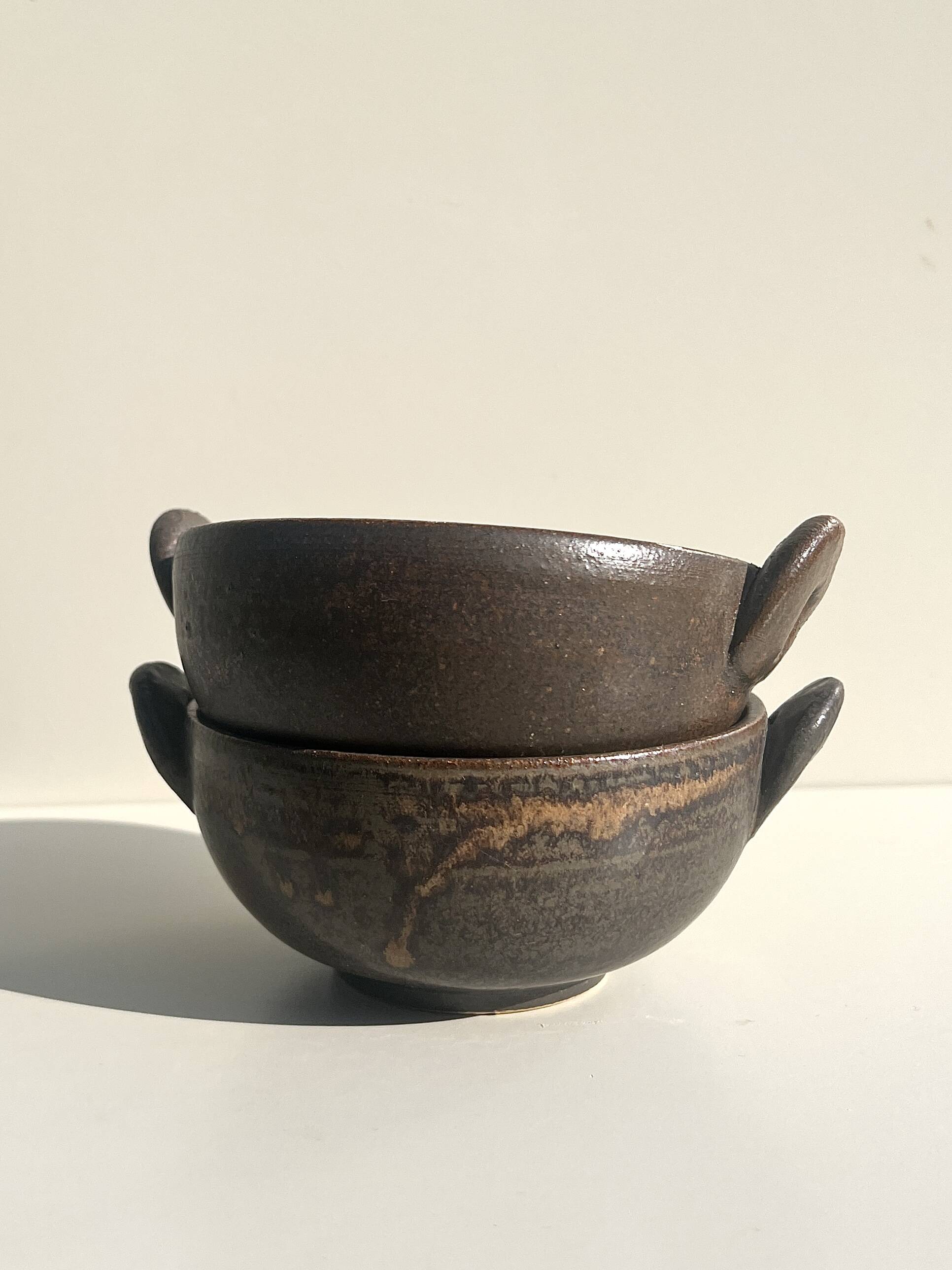 Pair of 2 handmade stoneware bowls, 20th century