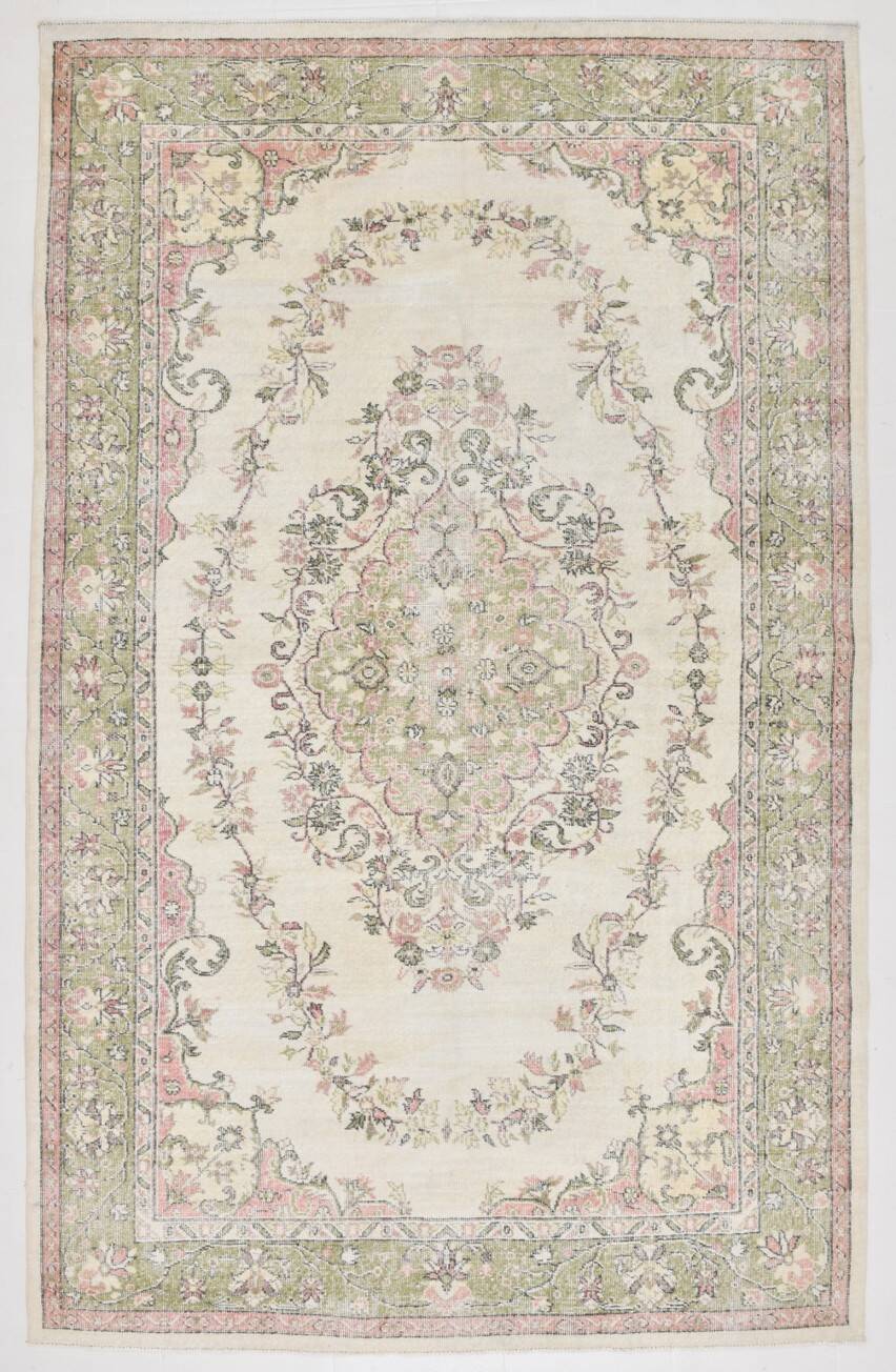 Beige & Green Vintage Persian Rug, Soft Palette Rug, 204x320 Cm