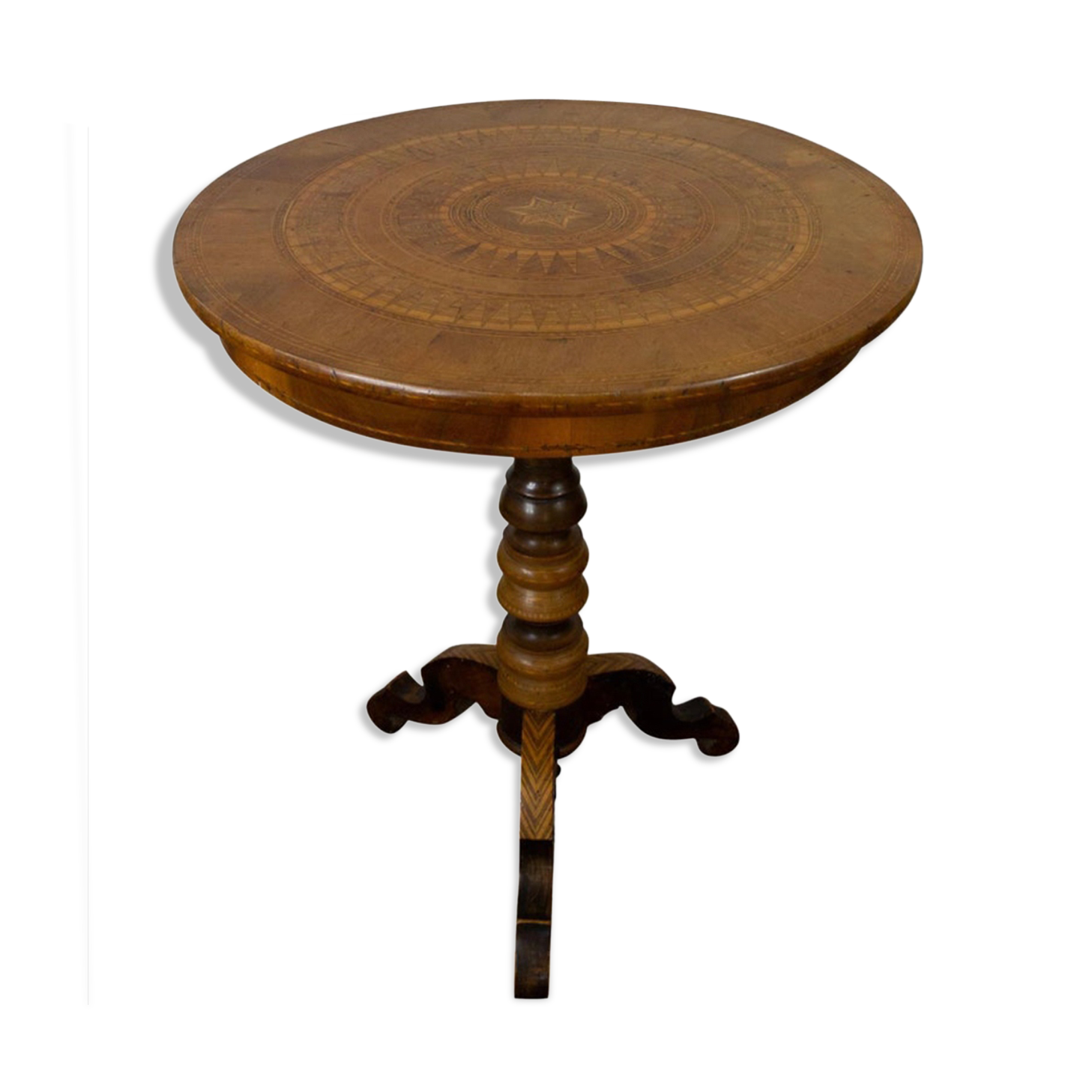 Tripod pedestal table in marquetry and mixed wood, Italy, 19th century