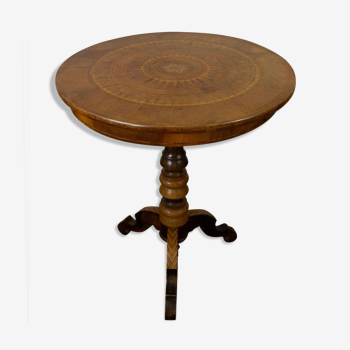 Tripod pedestal table in marquetry and mixed wood, Italy, 19th century