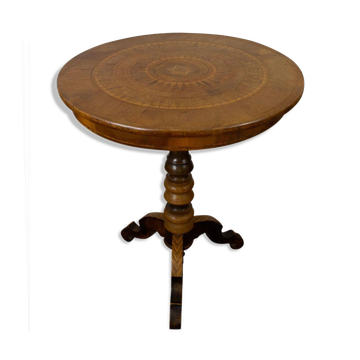 Tripod pedestal table in marquetry and mixed wood, Italy, 19th century