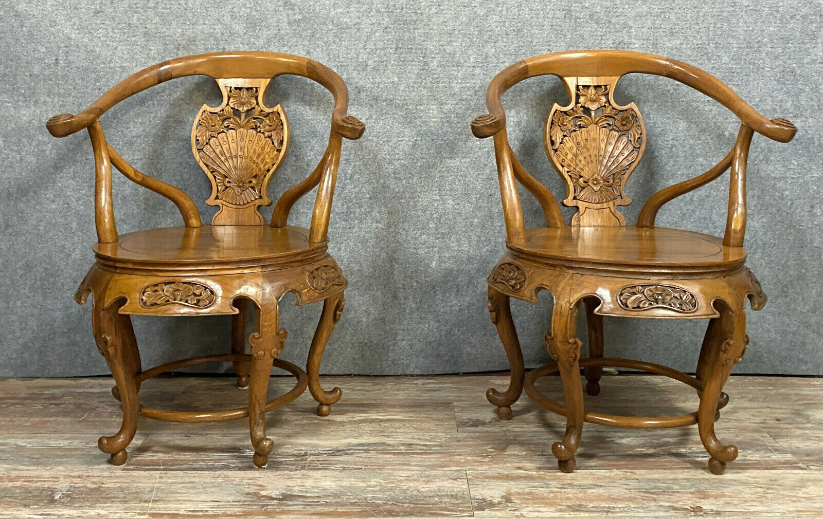 Pair of chinese chairs in exotic wooden barrel shape around 1900-1920