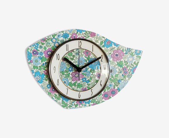 Horloge vintage pendule murale silencieuse asymétrique "venilia fleurs bleues"
