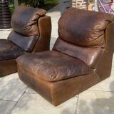 Pair of vintage leather armchairs / fireside chairs / clubs, 1970s