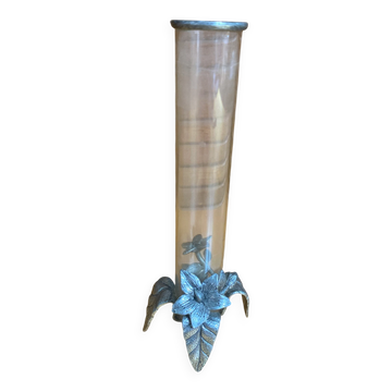 Antique Glass Soliflore Vase + Pewter Base Flower Decor France Vintage