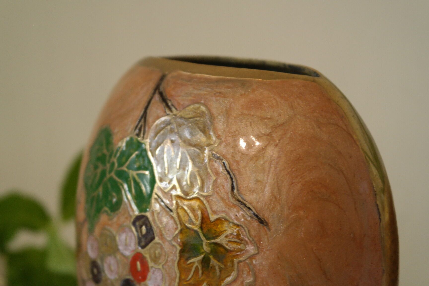 Vintage enamelled polychrome brass vase