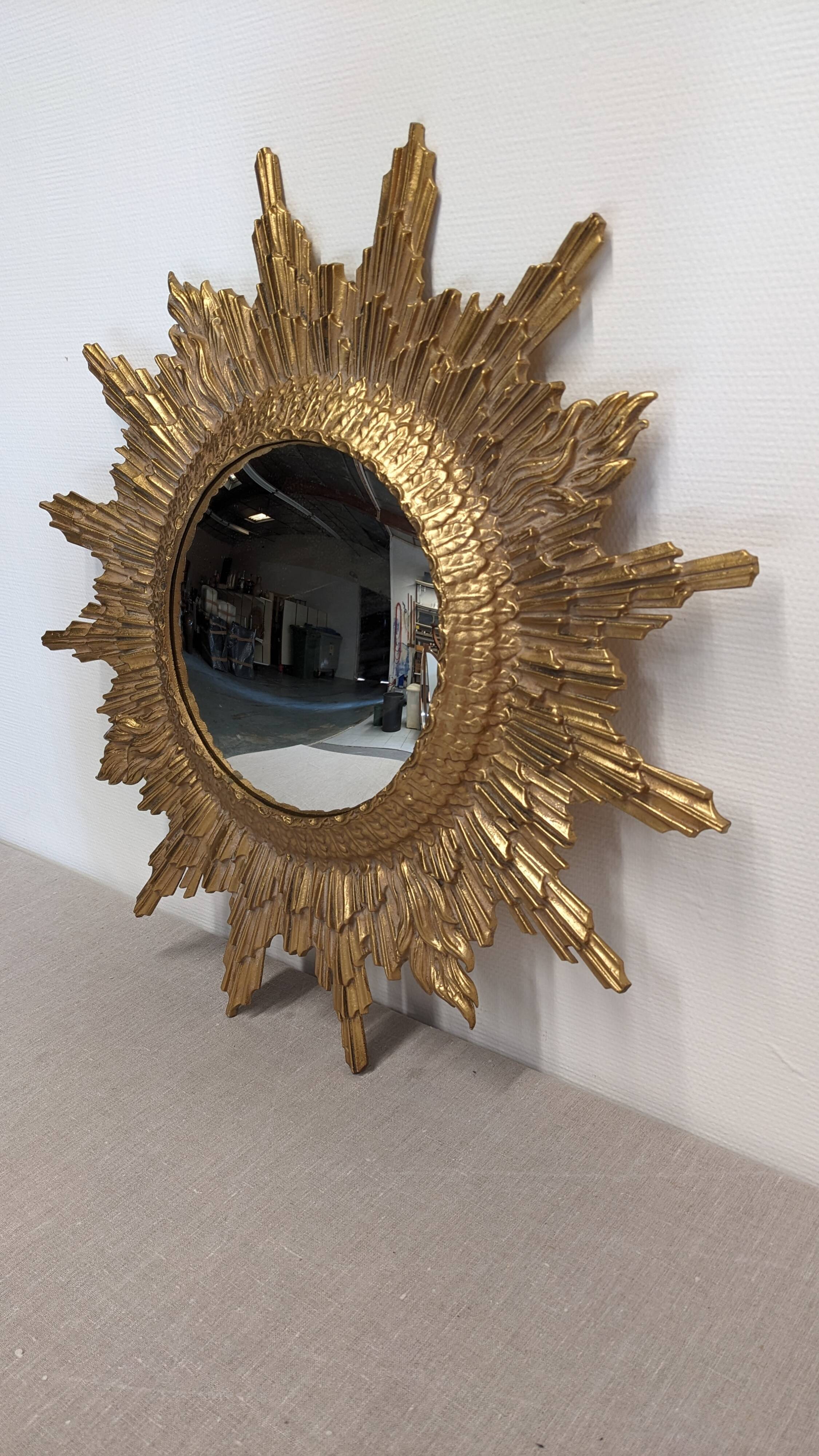 XL witch's eye sun mirror in gilded metal, Italy circa 1970