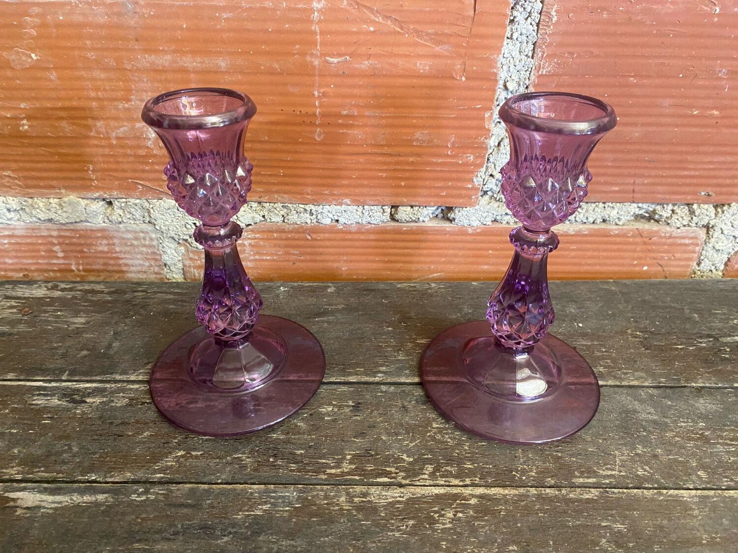 Pair of Antique CRISTAL D’ARQUES Candle Holders Moulded Purple Glass Vintage
