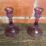 Pair of Antique CRISTAL D’ARQUES Candle Holders Moulded Purple Glass Vintage