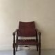Scandinavian safari armchair in wood & burgundy leather upholstery 20th century