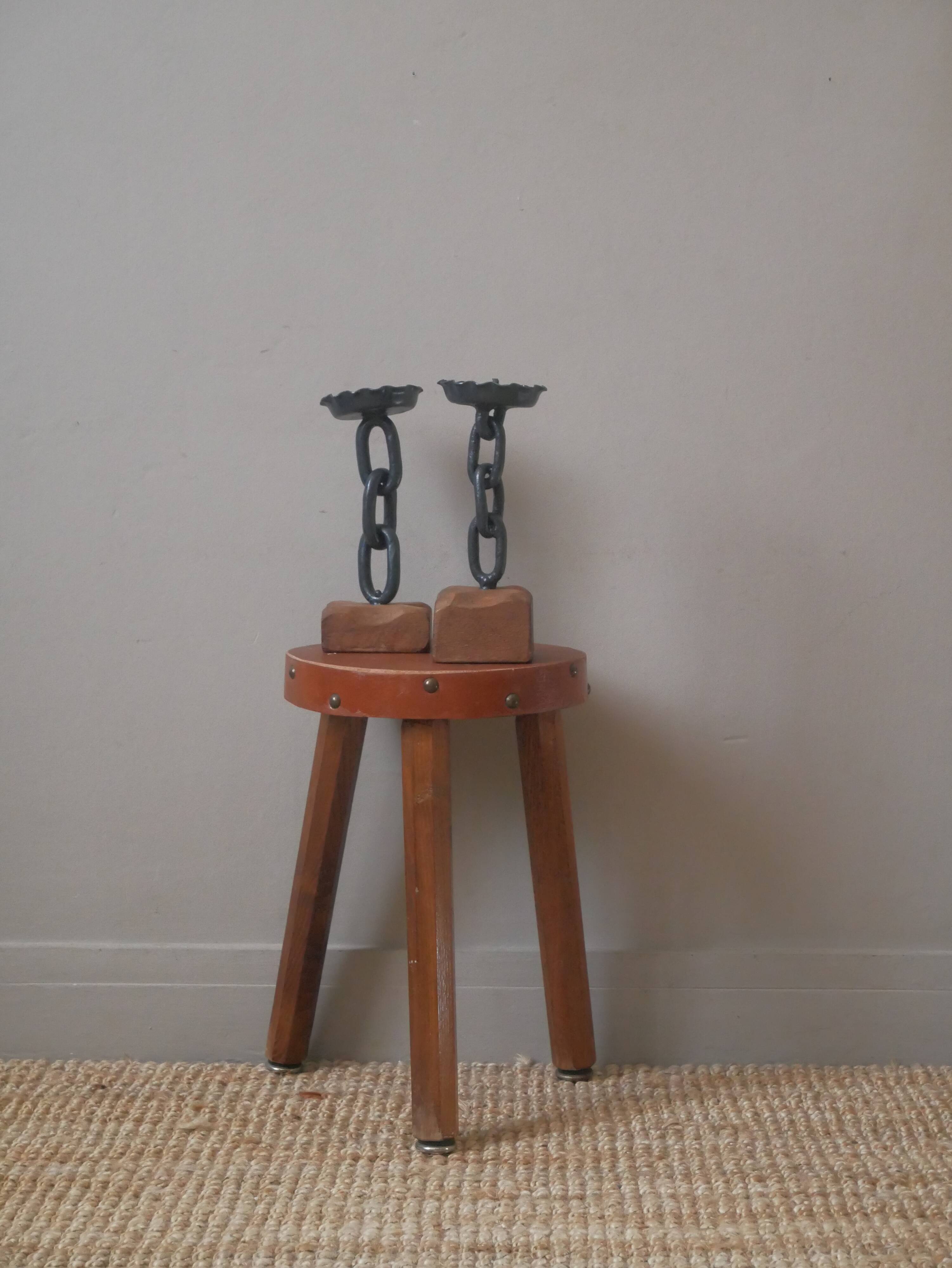 Pair of brutalist design candlesticks wood metal candelabra candlesticks handcrafted