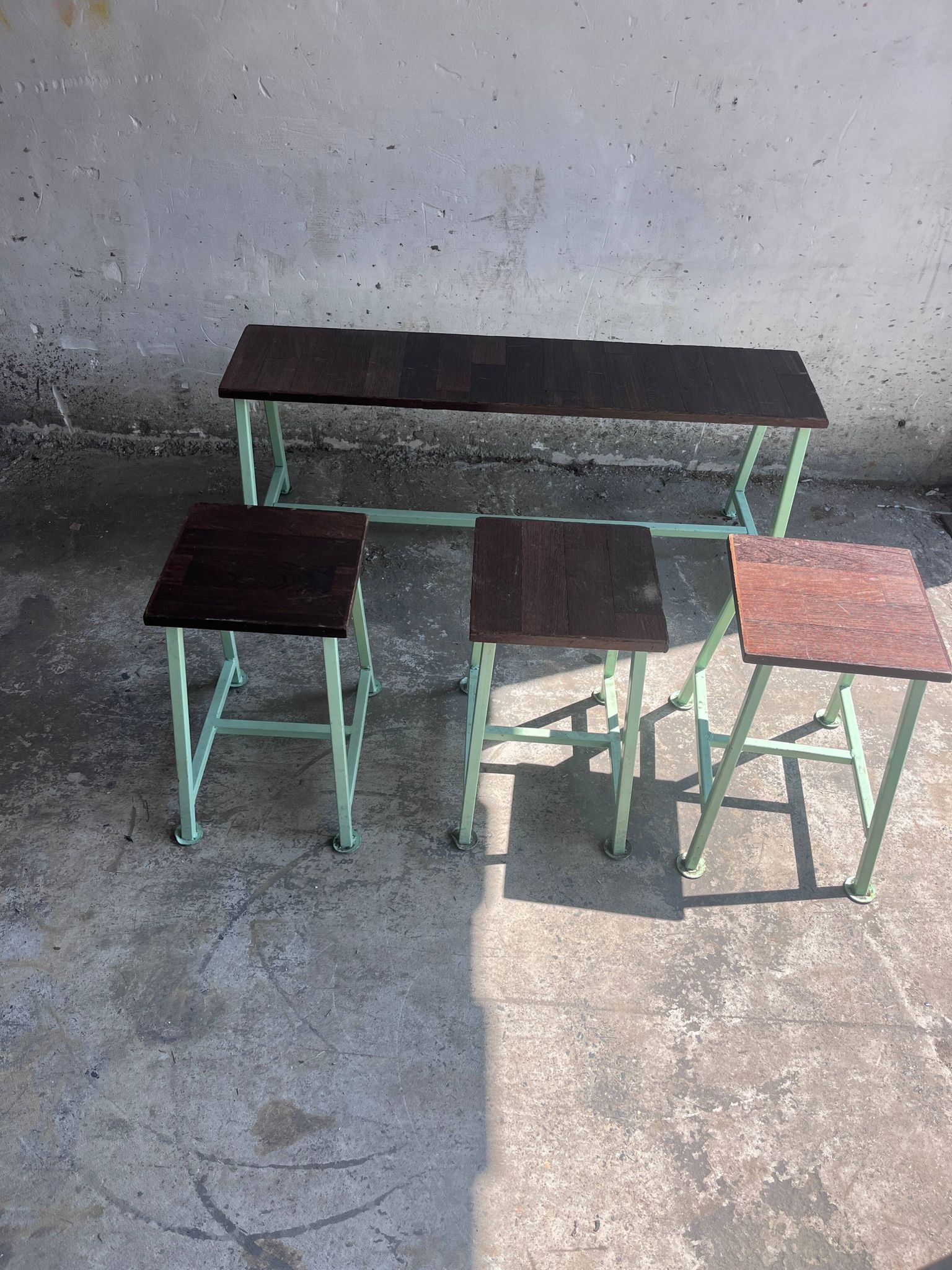 Vintage industrial benches and stools, set of 9, 1950s–1960s