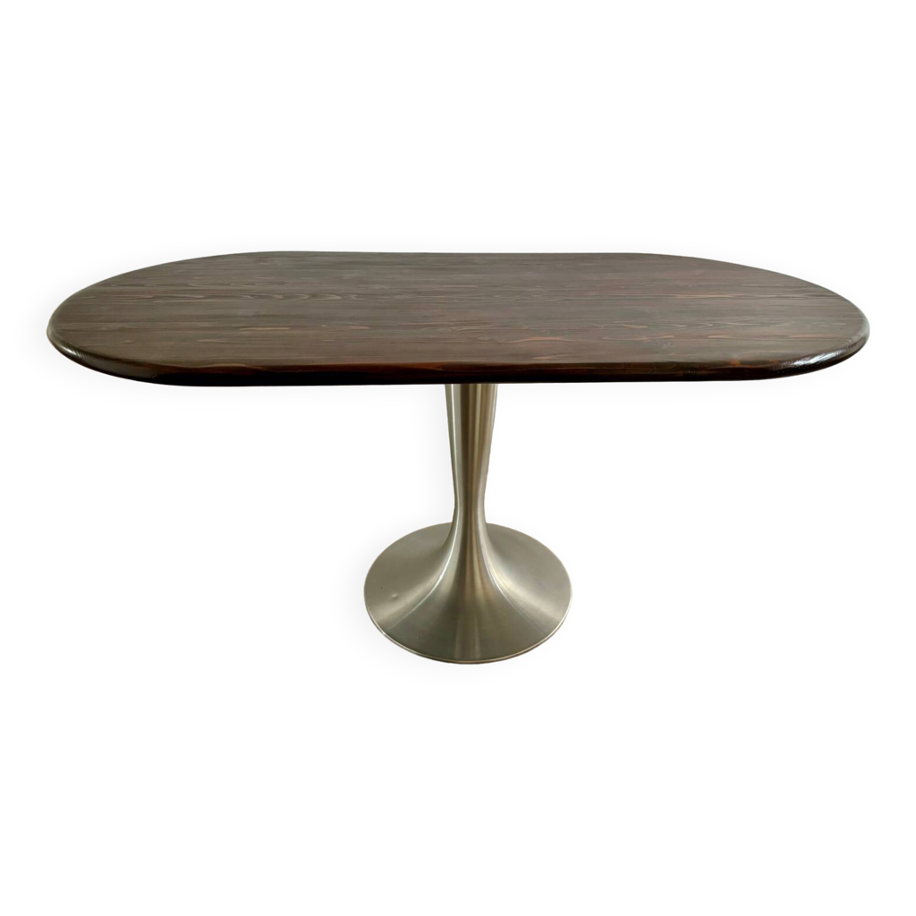 Vintage oval dining table with tulip-style chrome legs and raw wood top