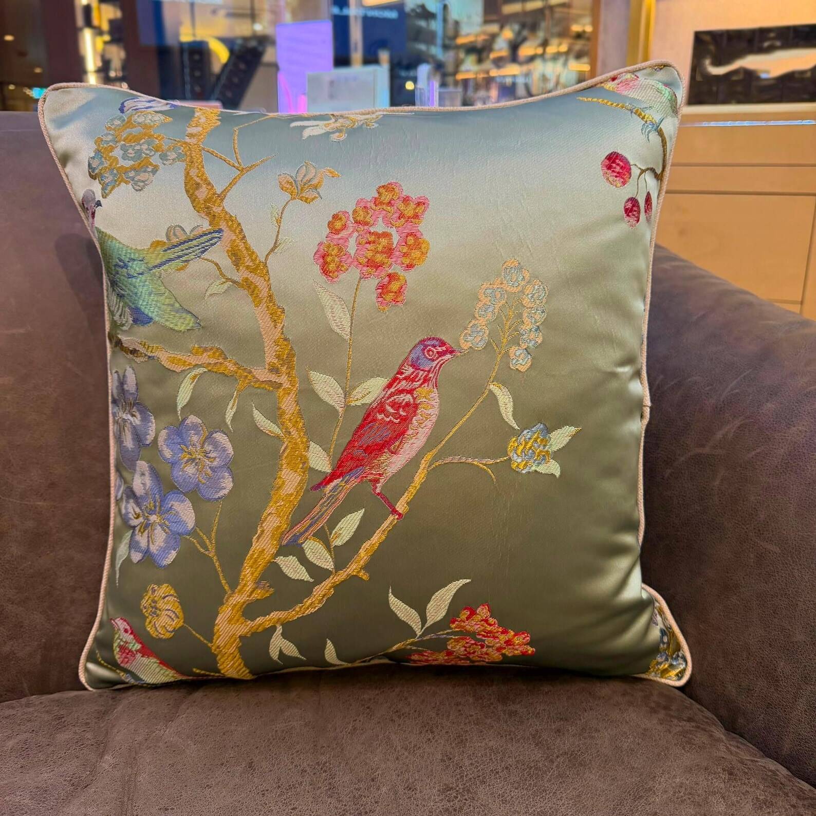 Chinoiserie Bird Cushion Cover, Cream Piped Silk Botanical Pillow