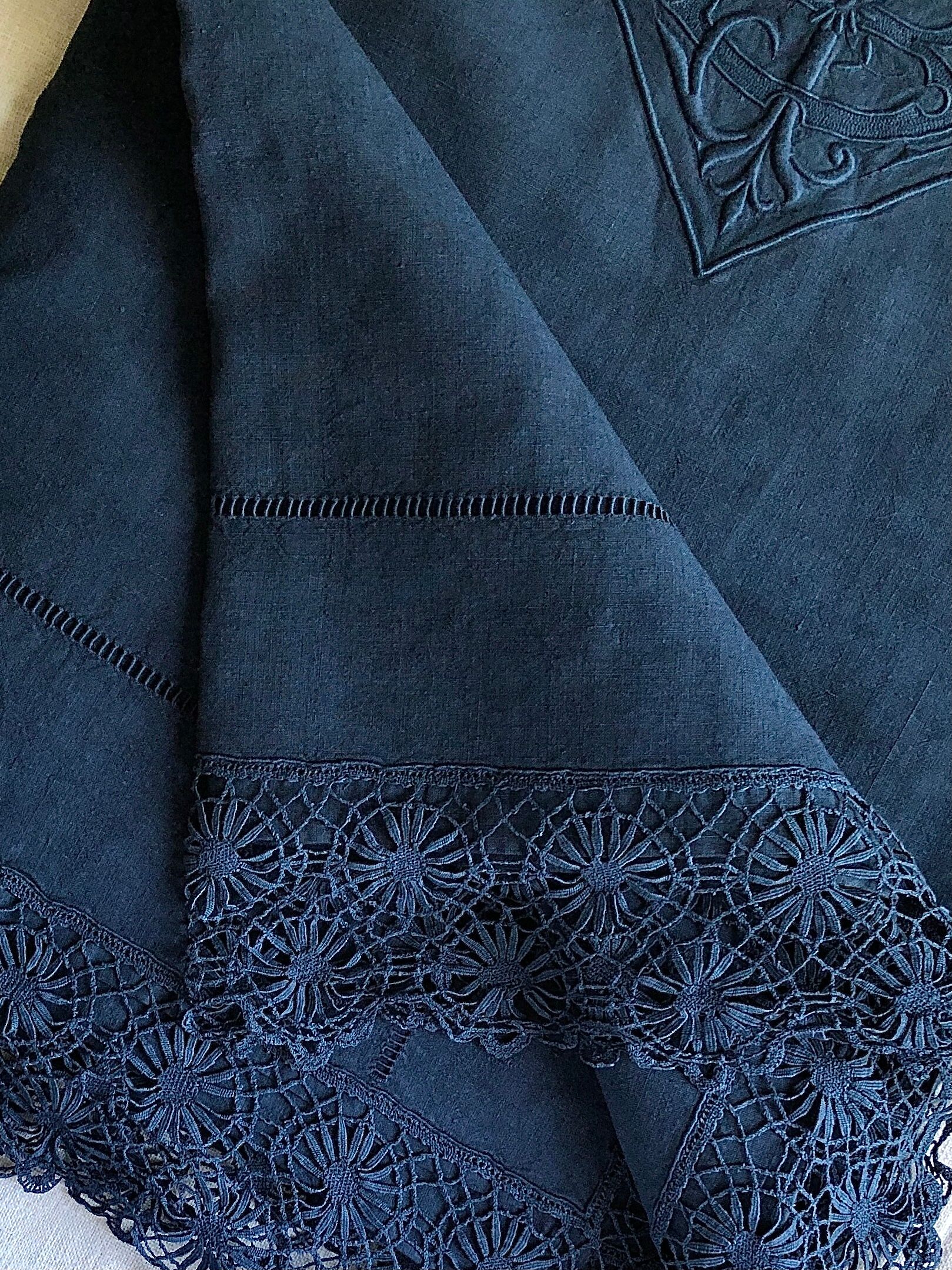 Old sheet in pure washed linen thread blue twilight