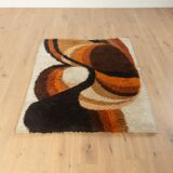Space Age rug from the 1970s, high pile, beige with orange and brown pattern