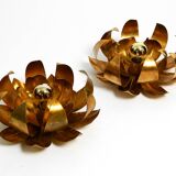 Pair of 70's gilded floral Regency wall or ceiling lamp with large leaves