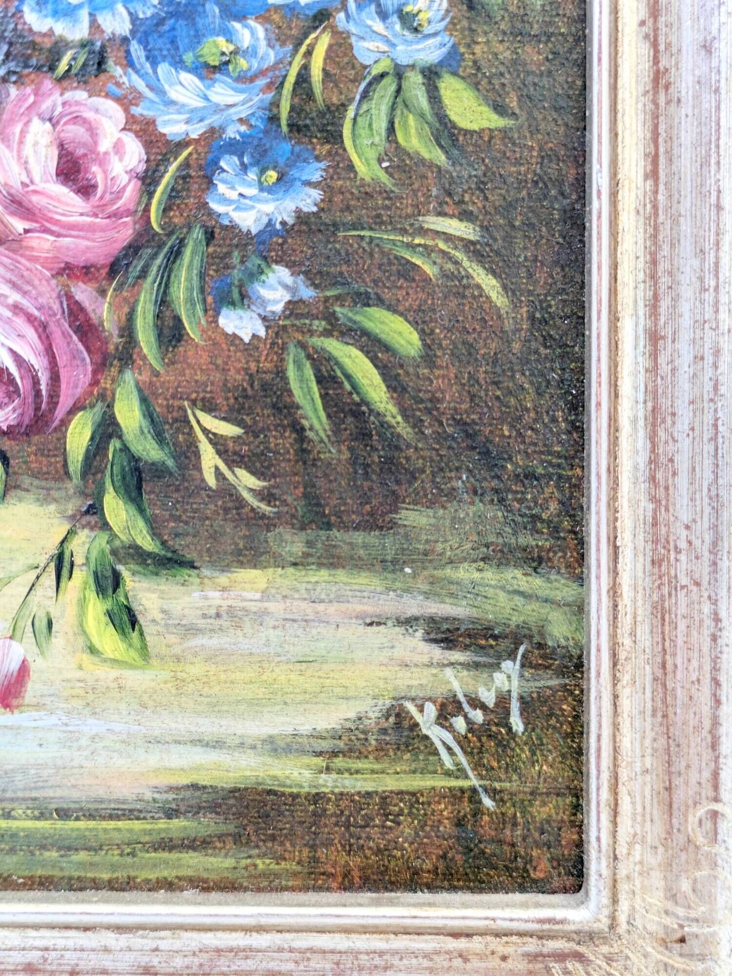 Antique oil painting, bouquet of peonies, ornate gilded frame