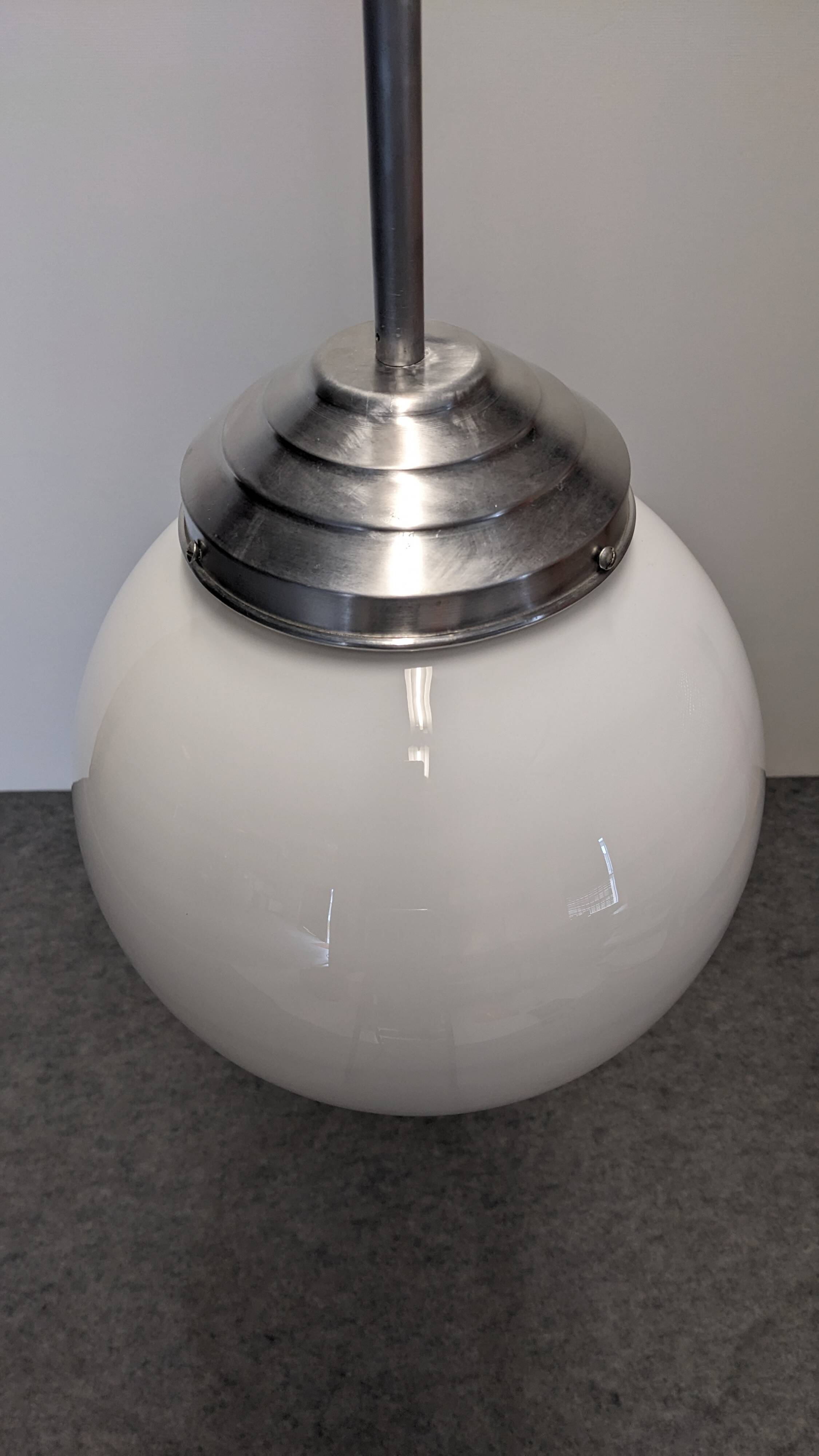 XL Art Deco white opaline suspension light, France circa 1920.