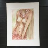 Female nude watercolor with necklace