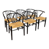 Lot de 6 fauteuils en bois noir et assises paillées – Style bistrot
