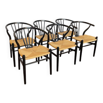 Set of 6 black wooden chairs with straw seats – Bistro style