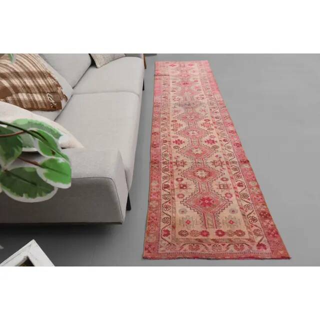 1970s Turkish Hand-Knotted Wool Cotton Pink Runner Rug 80x310